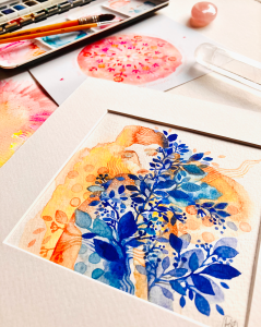 dessin femme rousse végétal bleu